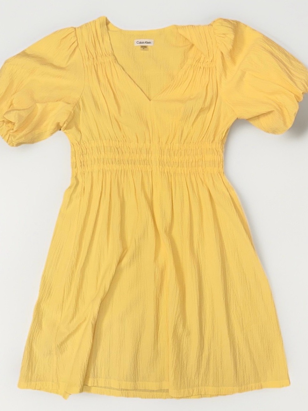 Calvin Klein Sunny Yellow V-Neck Smocked-Waist Mini Dress